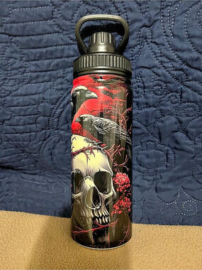 Skull & Raven Print Water Bottle in Black & Red